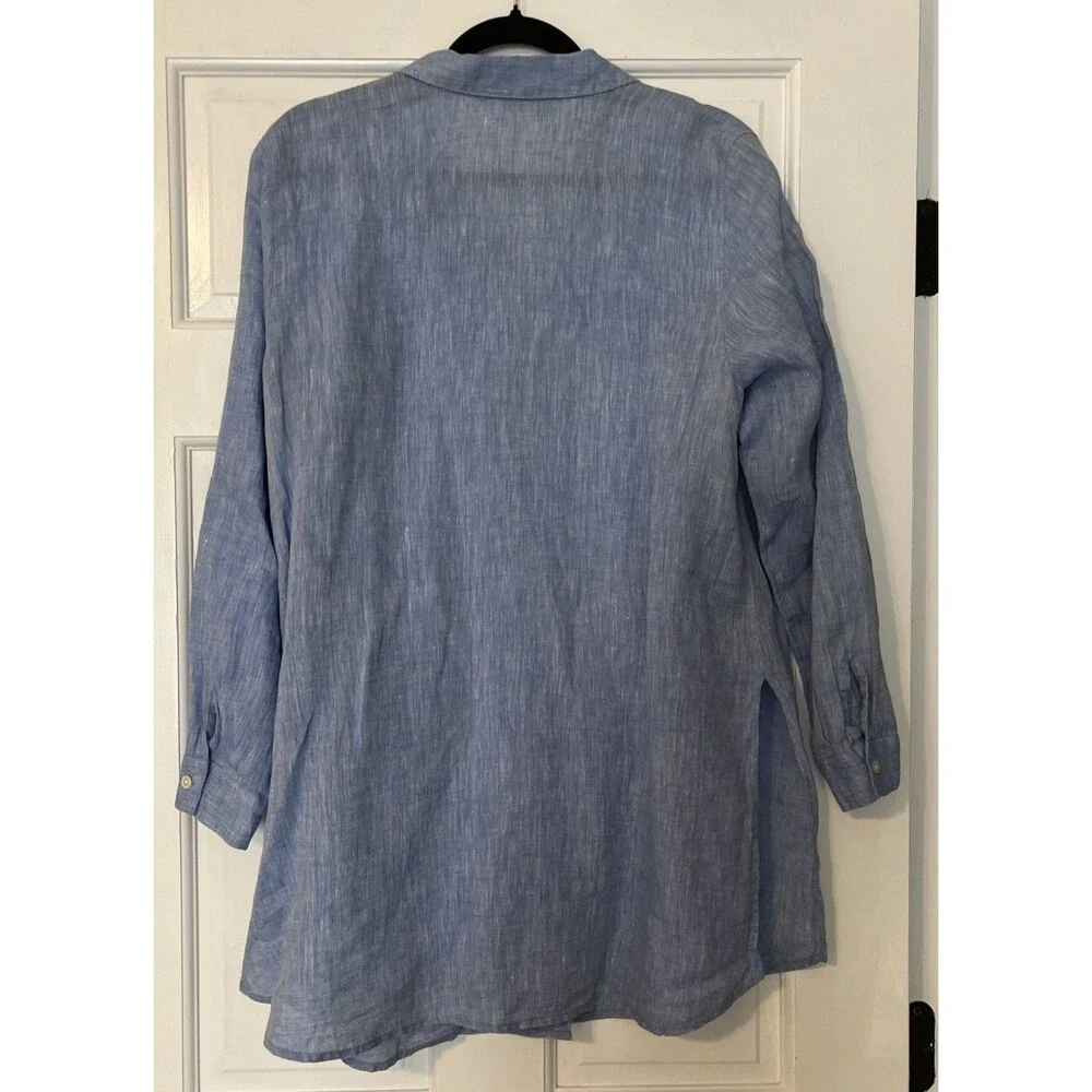 J Jill Linen Shirt Dress Large Petite Blue Cover Up Coastal Beach Minimalist - Picture 5 of 7